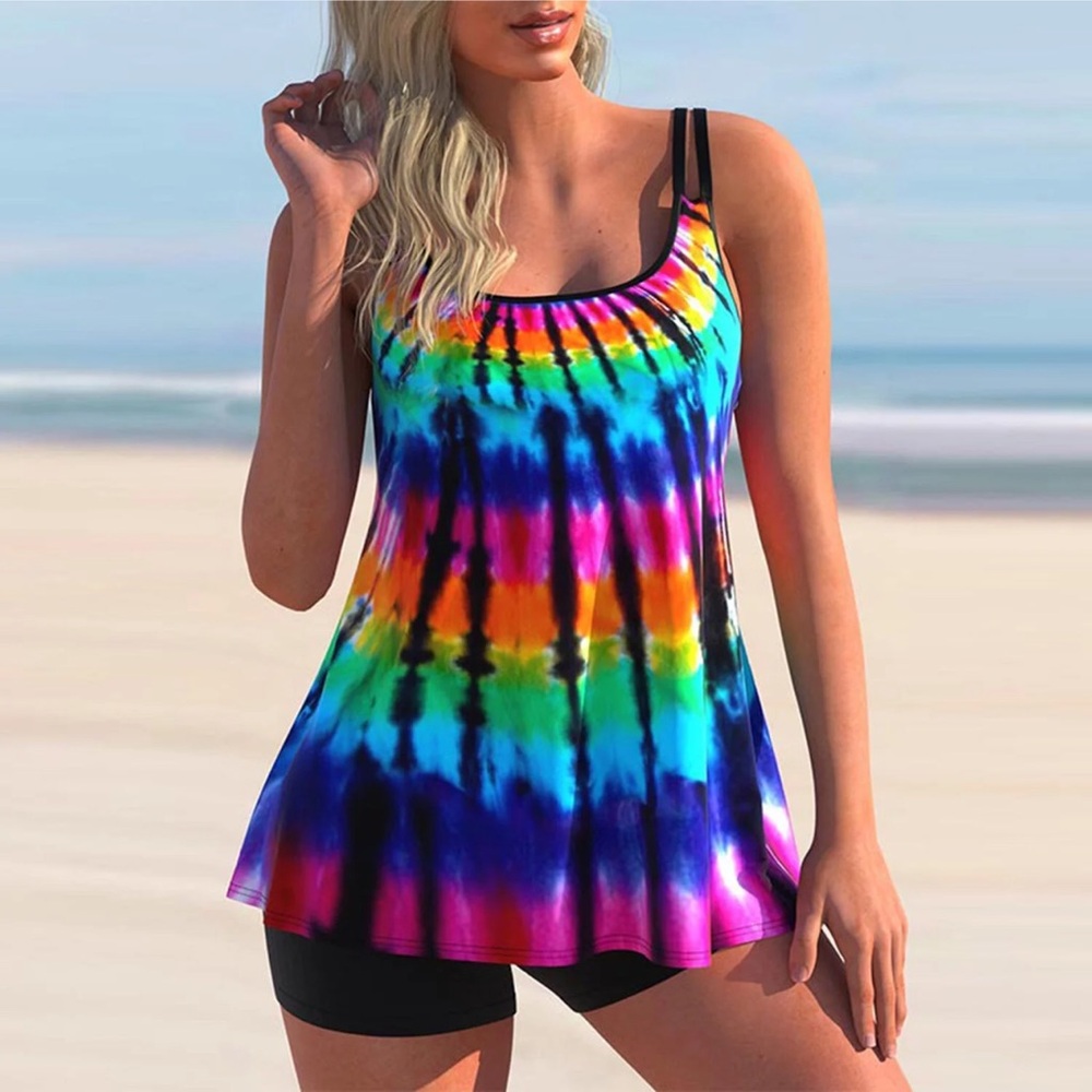 Women's Tie-Dye Multicolor Tankini Top - Vibrant Rainbow